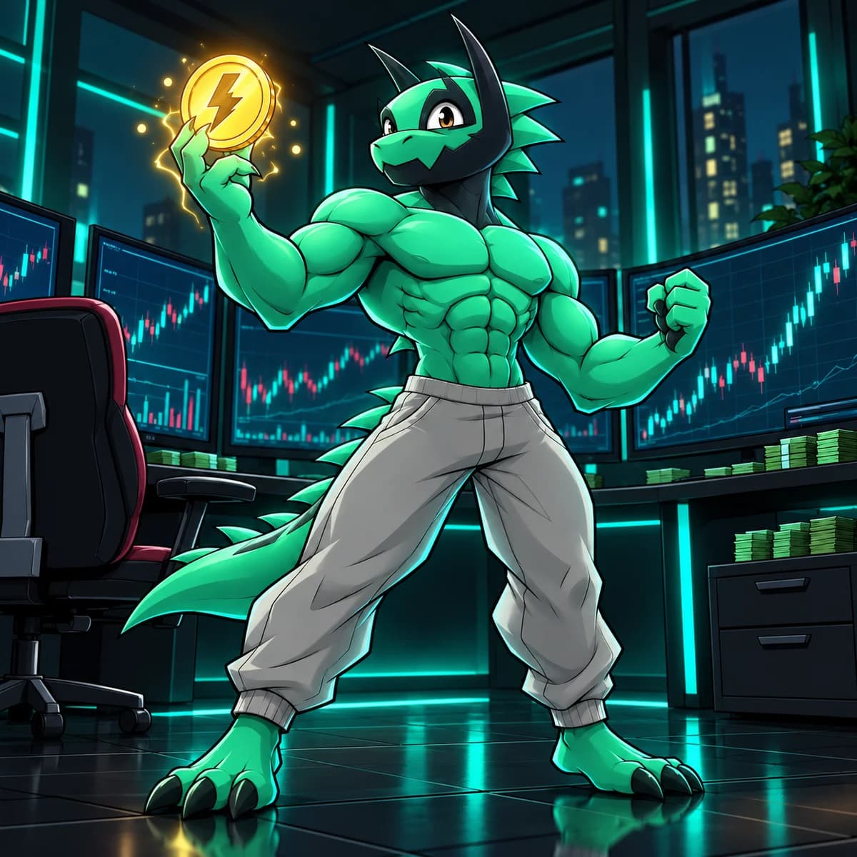 Bolt The Striker holding a STRIKE coin